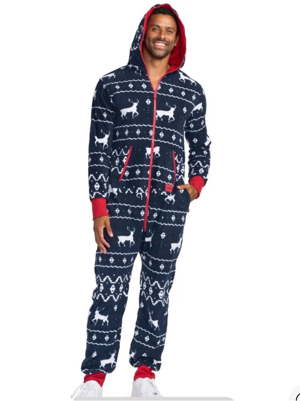 Tipsy Elves Unisex Blue Reindeer Fair Isle Hooded Jumpsuit Size Medium